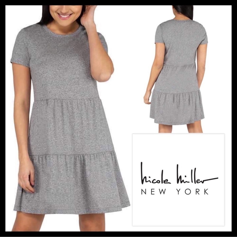 Nicole Miller Tiered Short Sleeve Dress in Grey NWT L Large - Picture 1 of 6
